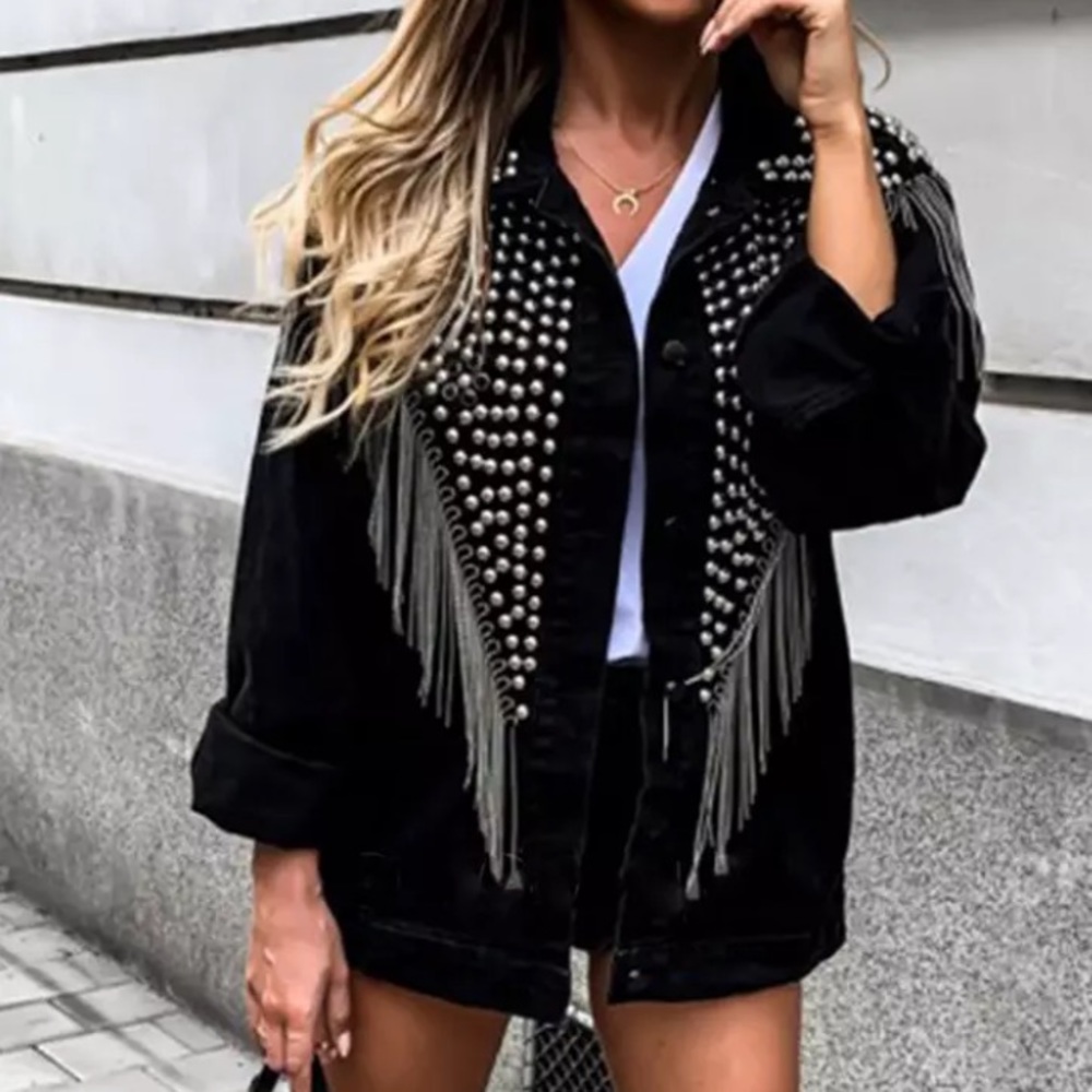 SOLD OUT Black Oversized Studded Chain Fringe Denim Jacket - Picture 3 of 4